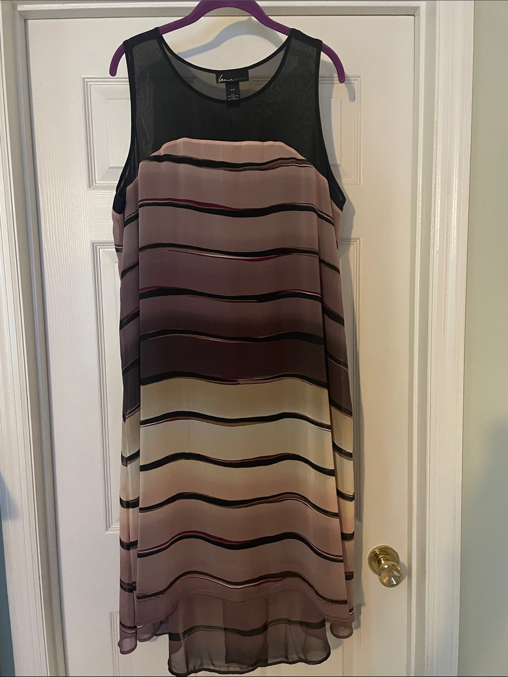 Lane Bryant Black and Taupe Striped Mesh Yoke Shift Dress - Size 14/16